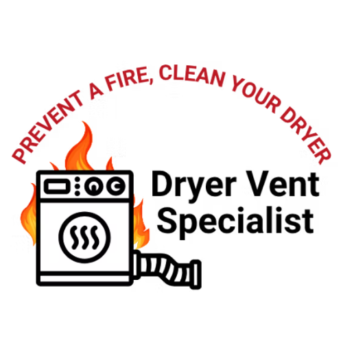 Flaming dryer with text warning about preventing fires by cleaning vents